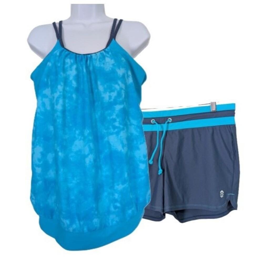 Free Country Tankini Short Swim Suit XL Aqua Navy Pocket Lined Stretch Strappy